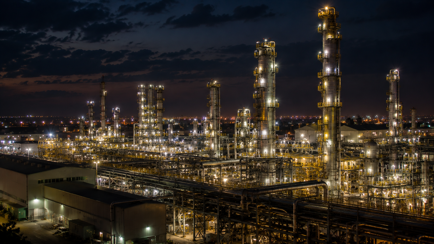 An industrial process facility at night, distillation columns and pipework picked out in light.