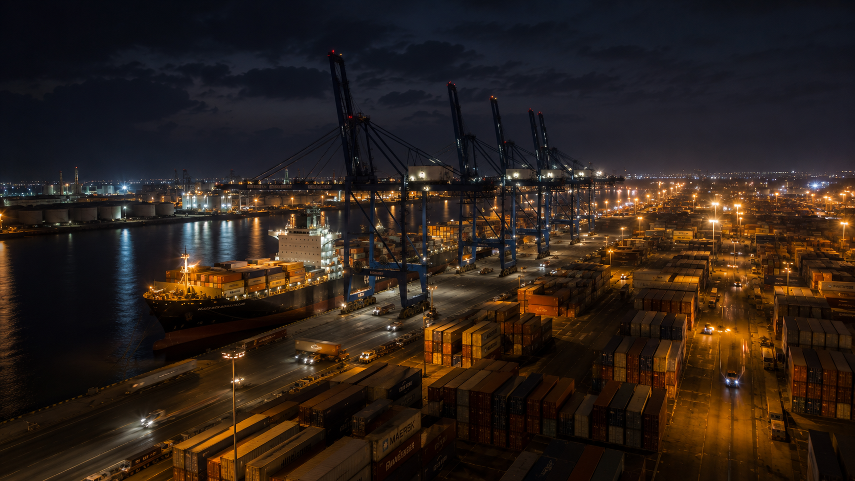 A container port at night, gantry cranes over a berthed ship, stacked containers lit by floodlight.