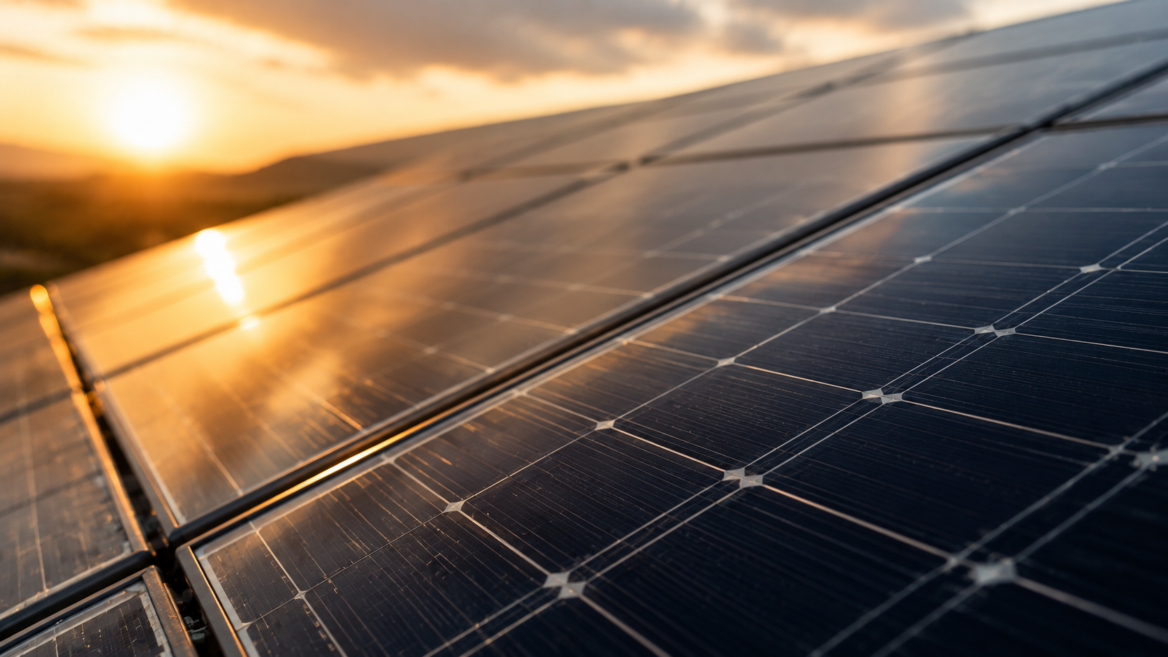 Close detail of photovoltaic panels catching low golden sunlight.