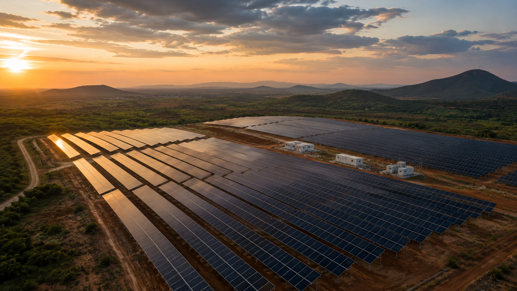 A large-scale solar field at dusk, rows of panels running toward distant hills.