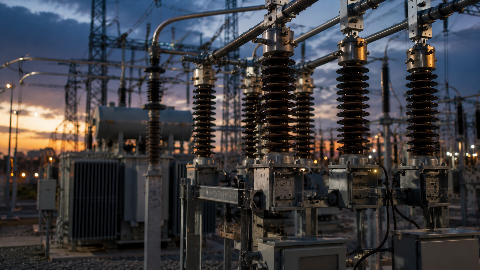 Substation switchgear and insulators in close view against a deep blue dusk sky.