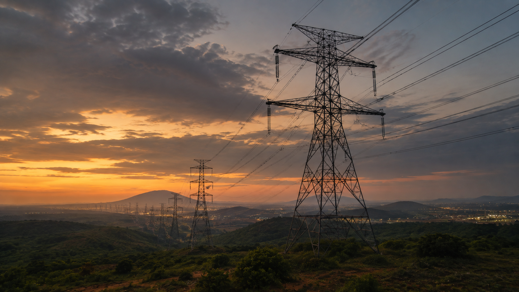 Transmission towers marching across a ridge line at sunset, lines strung between them.