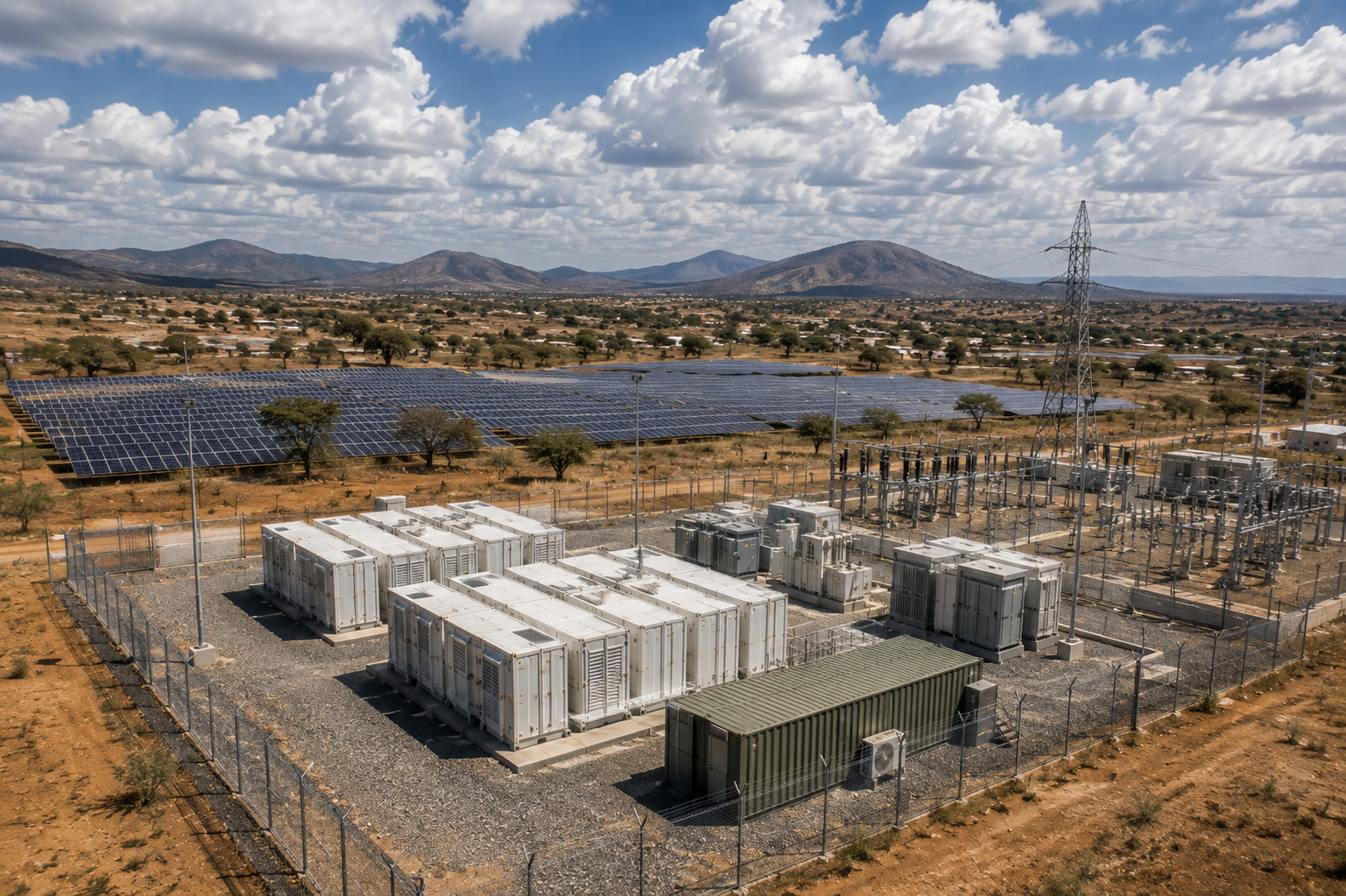 An aerial view of a storage compound of white containers beside a solar field in dry highland terrain.