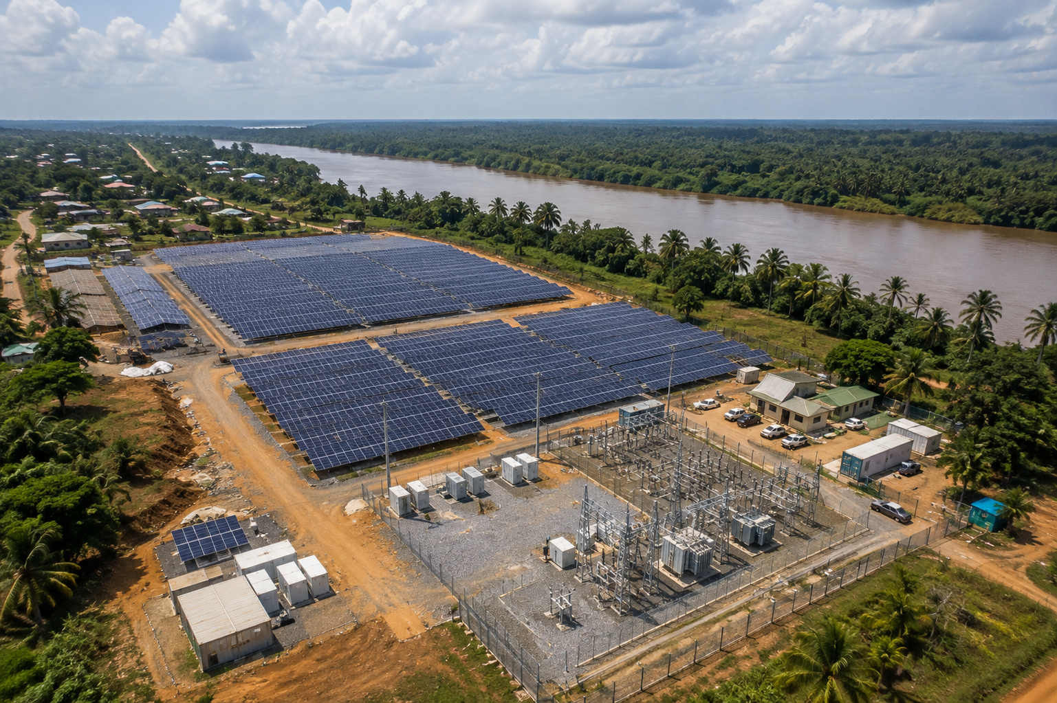 An aerial view of a solar plant and substation beside a wide river, forest and a village nearby.