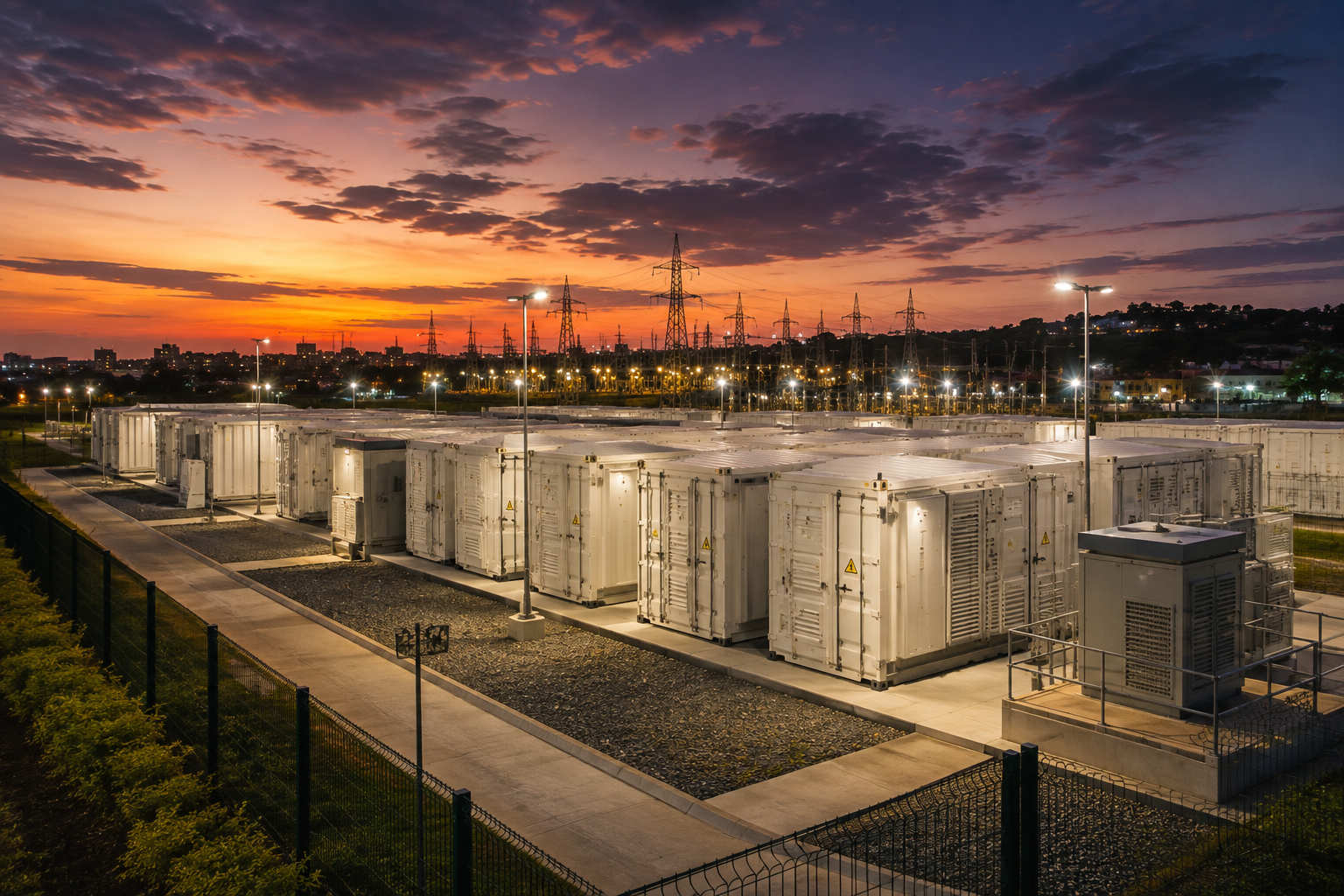 A battery energy storage facility at dusk, rows of white containers under a burning orange sky.